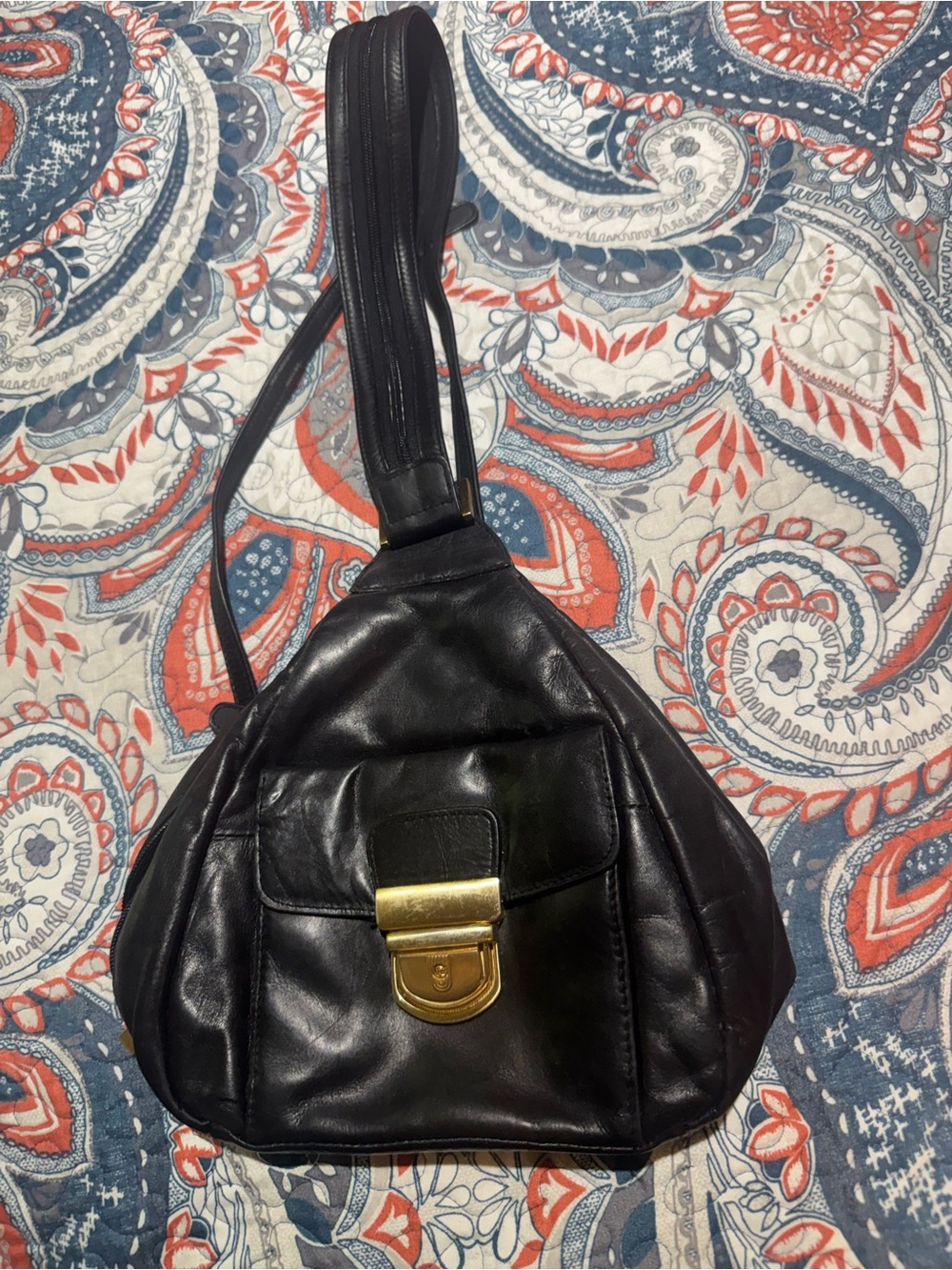 Preston & York Black Leather Backpack Bag with Gold Lock (Key attached)